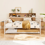 Storage Daybed With Trundle And Charging Station, Industrial Style Metal Daybed With Wood Bookcase, Twin Size Multi-Functional Platform Bed