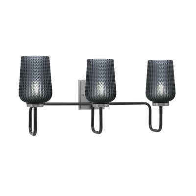 Barre d'éclairage de salle de bain 3 lumières Amarmula, noir mat et finition graphite, verre texturé fumé 5 po