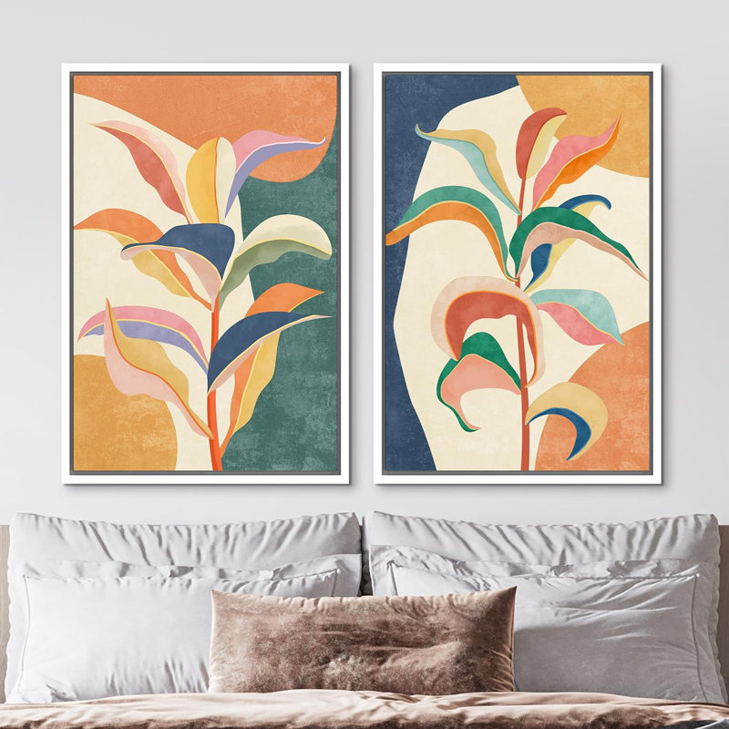 «Abstract Botanical Colorful Tropical Jungle Leaf Botanical», reproduction sur toile encadrée 2 pièces, Blanc