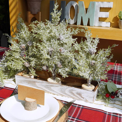 Mini cèdres enneigé - vert et blanc - artificiel / pommes de pin et base en bois / décoration de table rustique