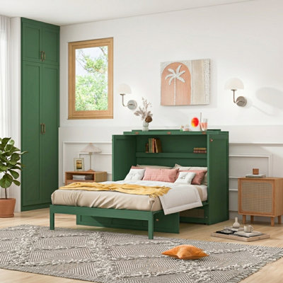 Full Size Murphy Bed with Storage Drawers, Foldable Cabinet Bed with Rattan-Patterned Front, Space-Saving Design for Guest Room