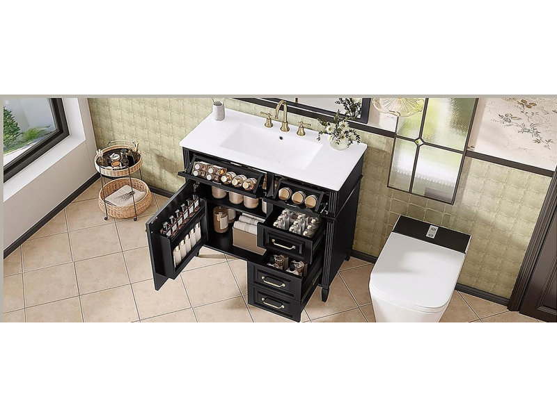 36-Inch Bathroom Vanity with Ceramic Sink Top, Solid Wood Frame and MDF Cabinet, Flip Drawer Design with Adjustable Shelf and Metal Handles, Freestanding Bathroom Storage Cabinet (Faucet Not Included)
