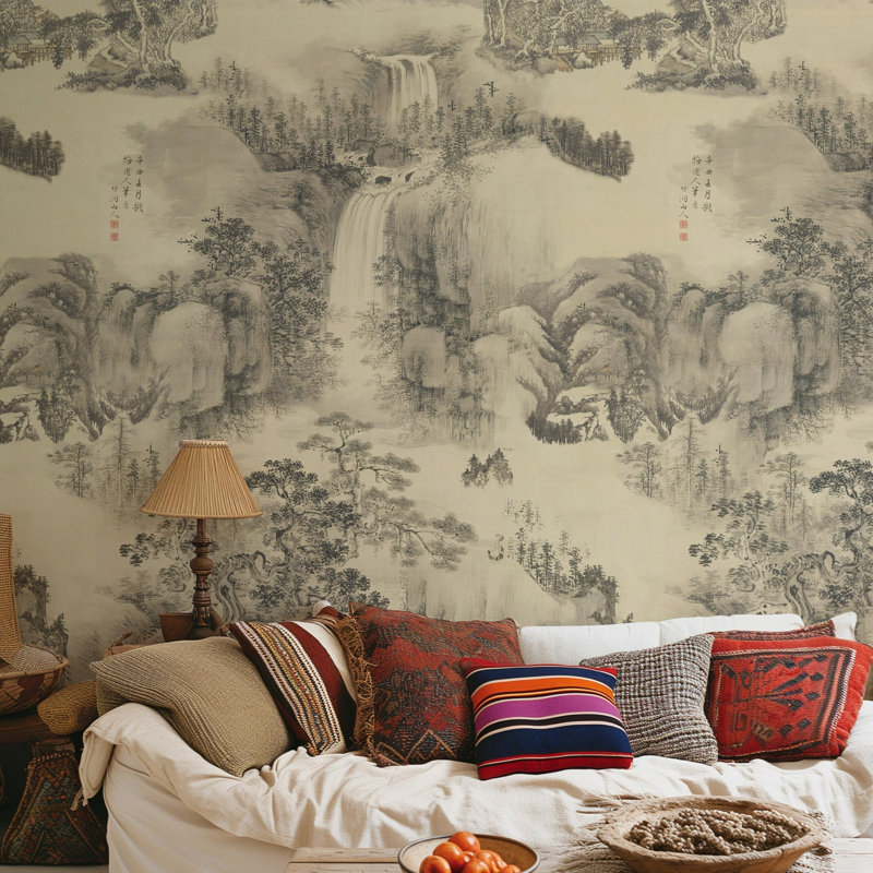 Beige Chinese Landscape Oriental Wallpaper