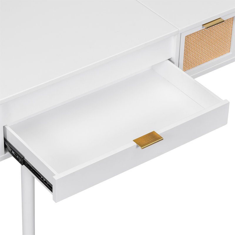 Ensemble coiffeuse 43,3 "en bois avec miroir rabattable et tabouret, coiffeuse avec trois tiroirs et espace de rangement