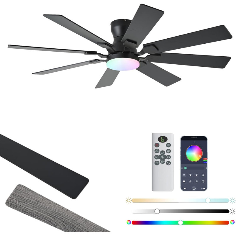Ventilateur de plafond de 52 pouces avec lumière, ventilateur de plafond à profil bas réversible à 6 vitesses avec lumière et télécommande / commande APP