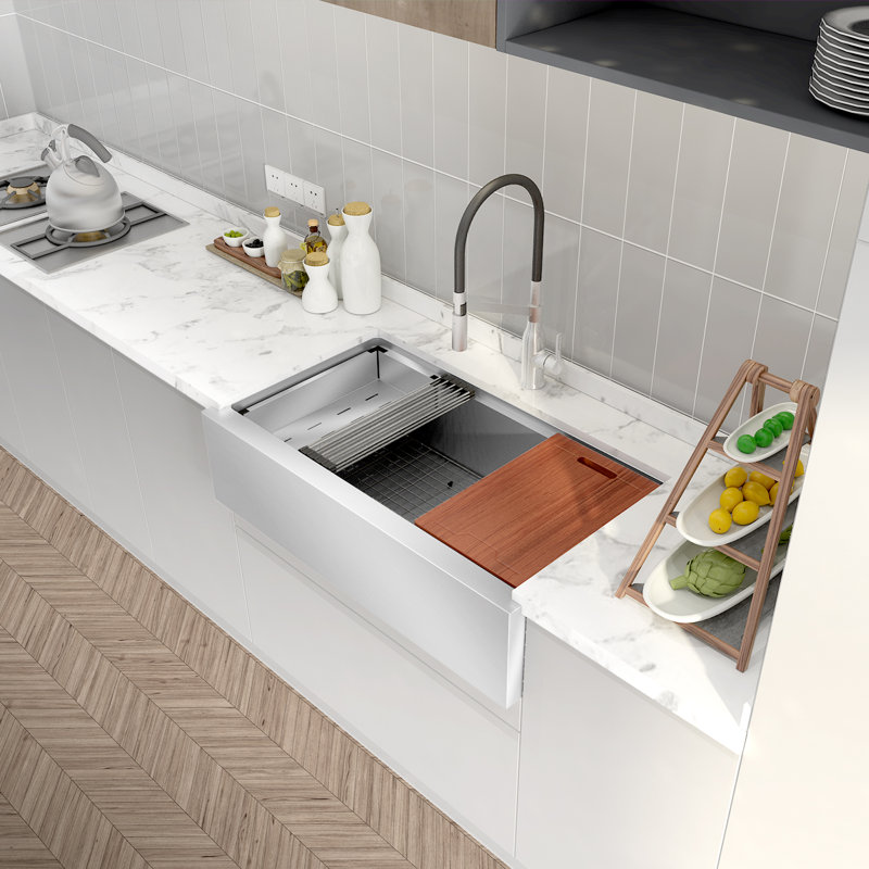 Sinber 33" Farmhouse Apron Single Bowl Workstation Kitchen Sink with 304 Stainless Steel