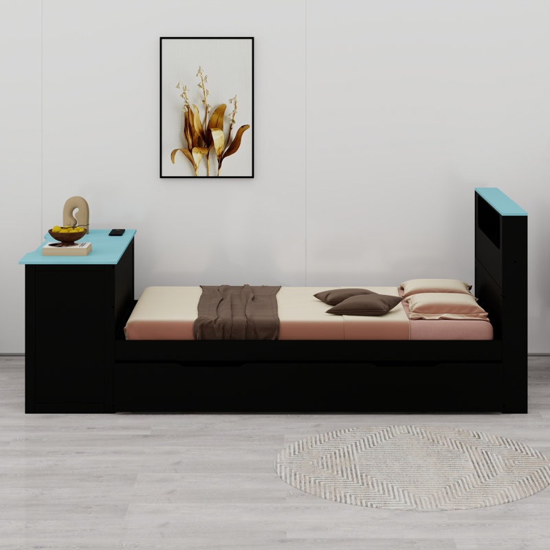 Lit de jour avec couchette, bureau, lumière DEL, Noir + bleu