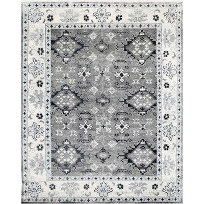 Tapis gris foncé et ivoire noué à la main de haute qualité