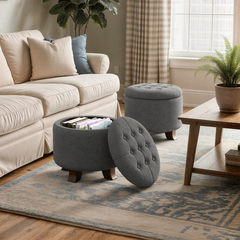 Storage Ottoman With Padded Seat, Modern Cotton-Linen Footrest, Round Stool For Living Room Bedroom, Lava Gray