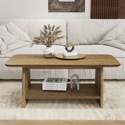 Table basse de salon moderne de 47 pouces, table basse rectangulaire à double couche avec fonction de rangement, conception d'angle arrondi, matériau en bois aggloméré, convient au salon