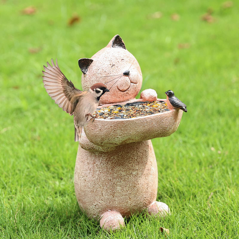 Rustic Beige Resin Cat Garden Statue with Bird Feeder