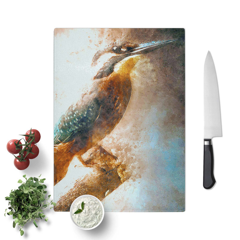 Tempered Glass Beautiful Kingfisher Bird Chopping Board, 20 cm W x 28.5 cm L