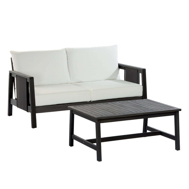 Ensemble de causeuse et table basse d'extérieur 2 pièces, structure en bois d'acacia avec textilène noir, coussins blancs hydrofuges, finition gris foncé pour le patio et la cour