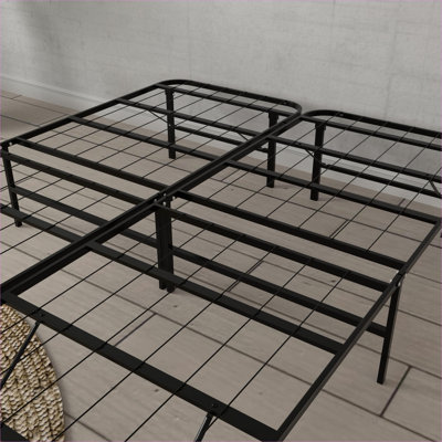 For residential bedroom use, Twin XL platform bed foundation with underbed storage clearance, black-toned solid steel construction