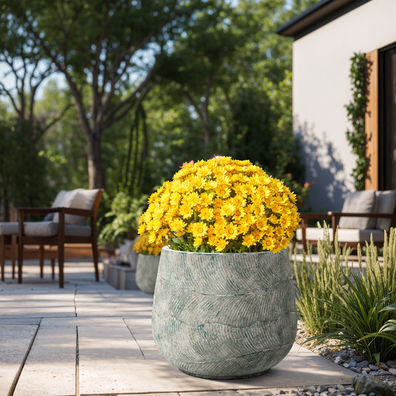 Jardinière ronde rustique en ciment multicolore, intérieur et extérieur, 15" H x 18.3" W x 18.3" D
