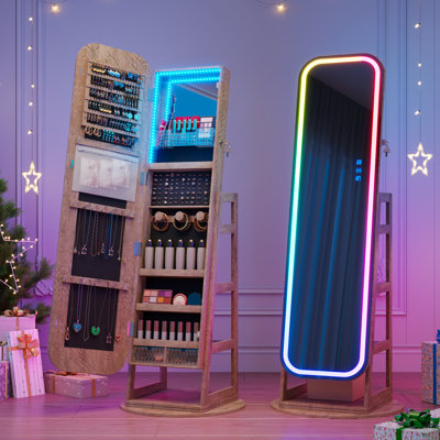 360° Rotating Jewelry Cabinet with RGB LED Mirror, Lock & Storage