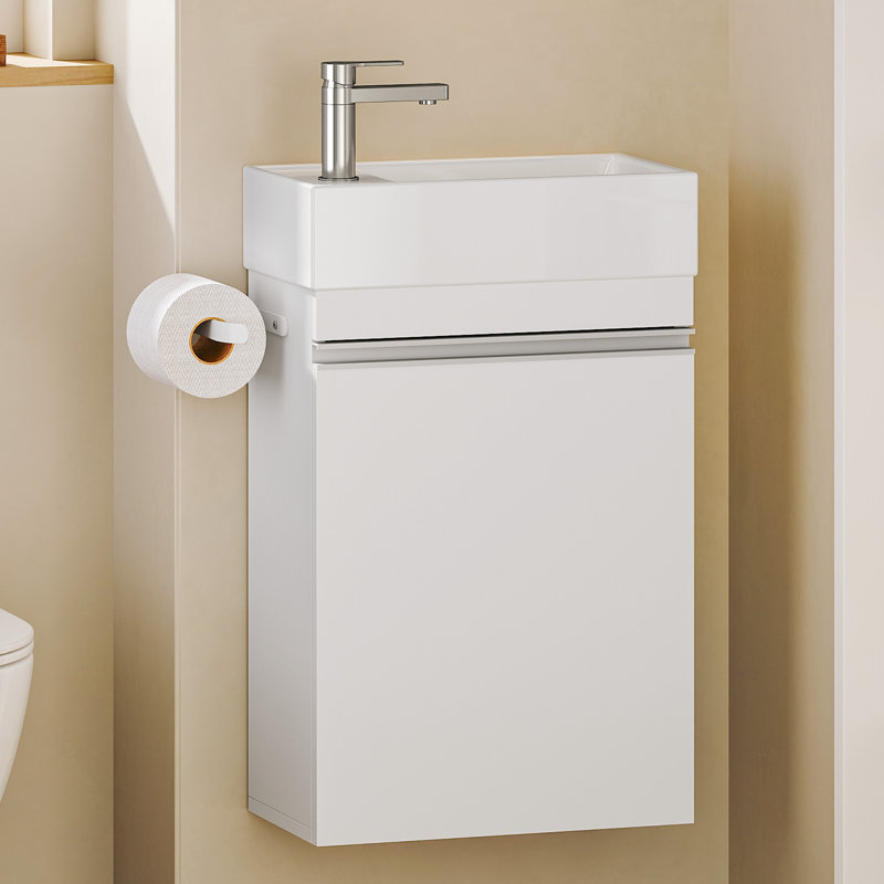 400 mm Bathroom Vanity Unit with Basin, Wall Mounted Vanity Bathroom Unit, Soft Close Single Door, Floating Under Sink and Vanity Unit for Compact Spaces, White