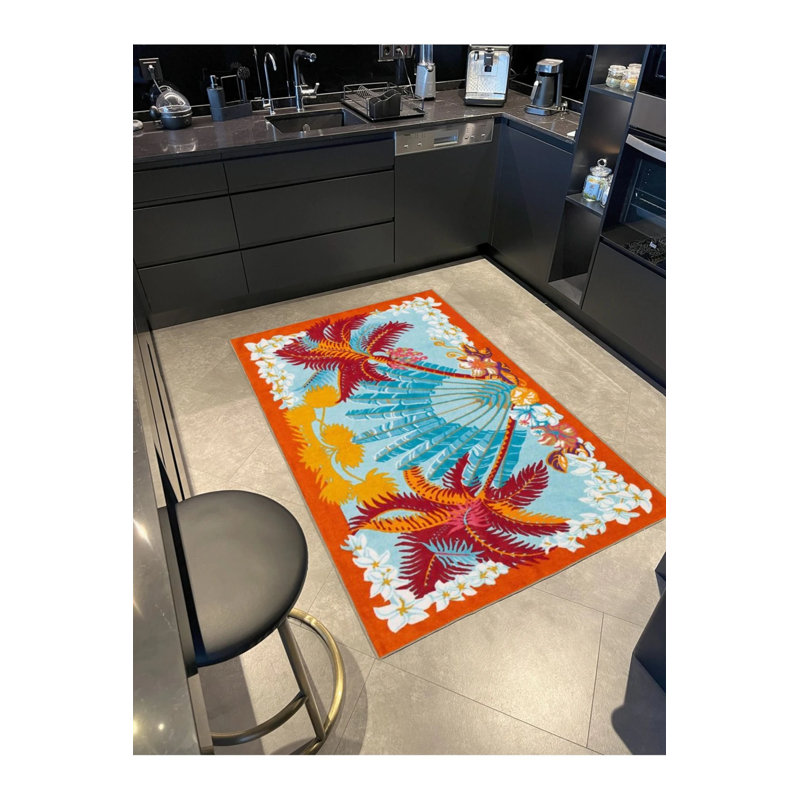 Tapis tissé avec des arbres dans des tons bleus, Rond 5 pi
