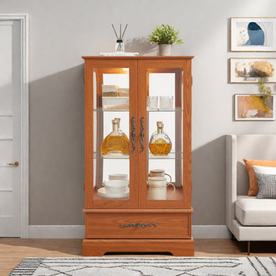 Elegant Lighted Glass Curio Display Cabinet With Adjustable Shelves, 2 Doors, 1 Drawer And Bulb