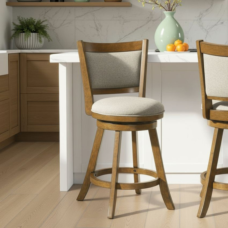 Aiden Modern Farmhouse Swivel Wood Counter Height Kitchen Bar Stool In Sepia Brown Finish With Grey Fabric Upholstered Seat