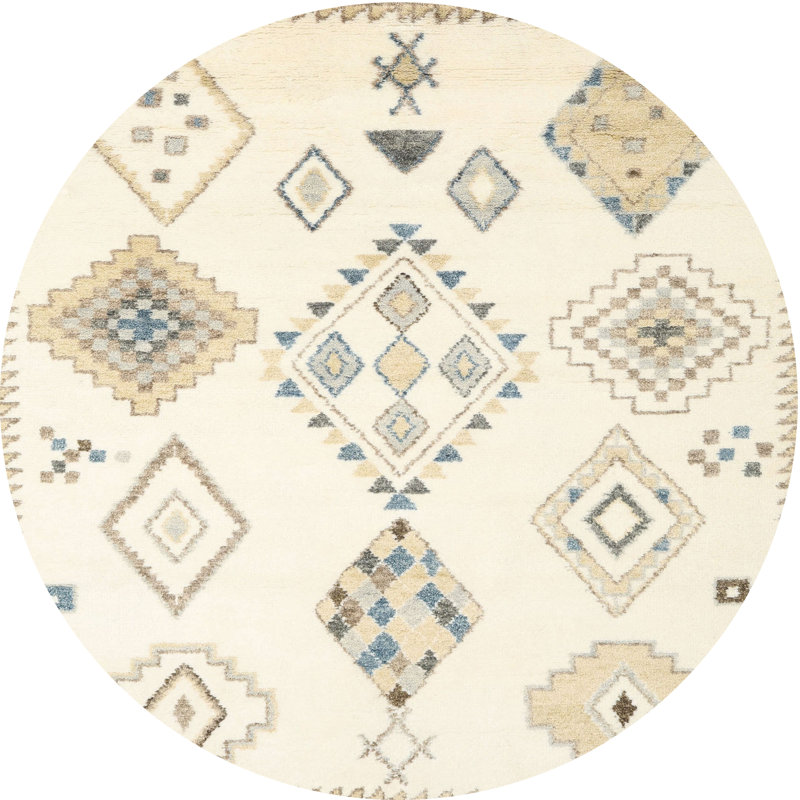Tapis contemporain beige / bleu, Rond 7 pi