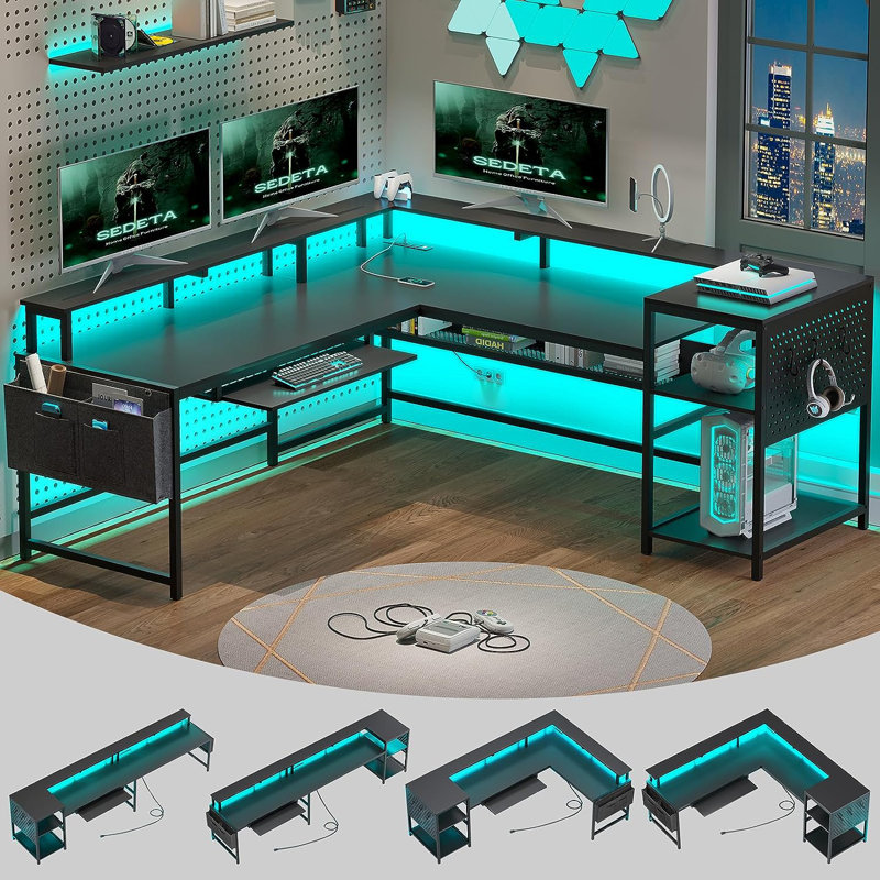 Larrie 59.01'' W Rectangle Computer Desk L-Shaped Computer Desk with Power Outlet and USB Ports, Black