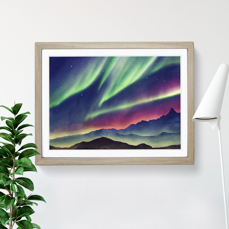 Watercolour Aurora Borealis Vol.6 - Single Picture Frame Painting, Oak Framed, 46cm H x 64cm W x 2cm D