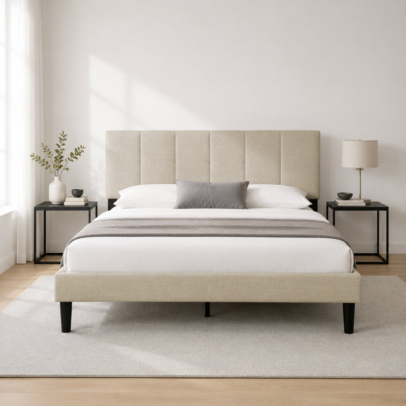 Dajai Upholstered Unfinished Platform Bed, Beige, Full