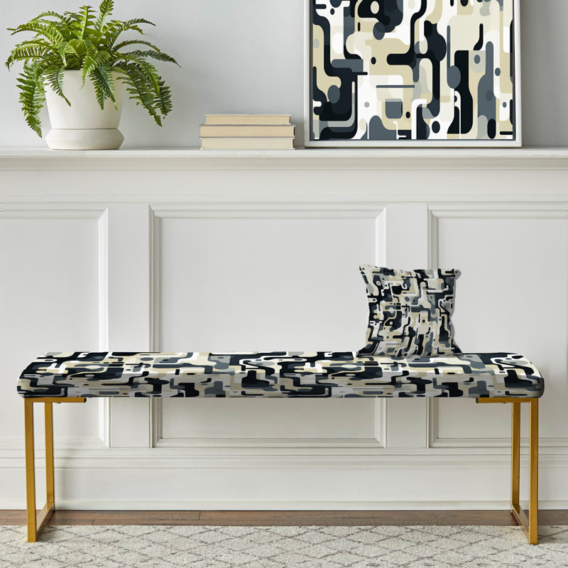 Beige And Grey Urban Maze - Geometric Upholstered Gold Bench