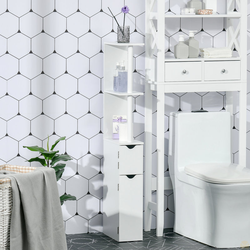 Tall Bathroom Storage Cabinet, Freestanding Linen Tower with 2 Open Shelves and 2 Door Cabinets