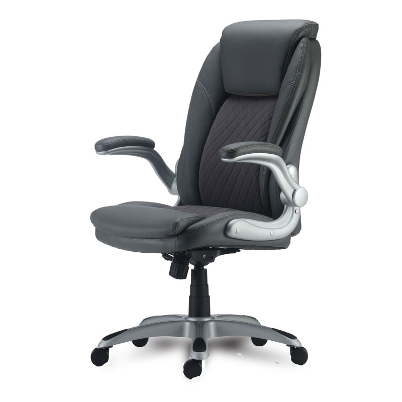 Gray Leather Adjustable Task Chair with Padded Arms