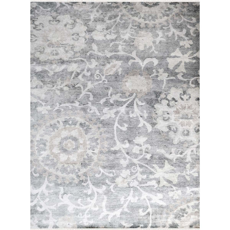 Tapis gris de haute qualité noué à la main, Rectangle 8 pi x 10 pi