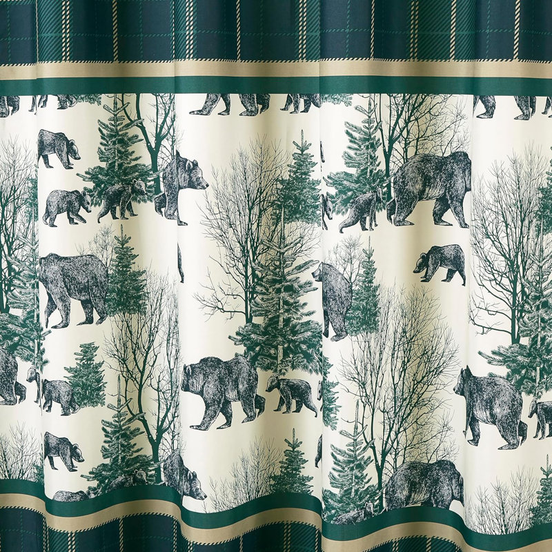 Blue Green Grizzly Bear Lodge Window Curtain Set with Sheer Backing