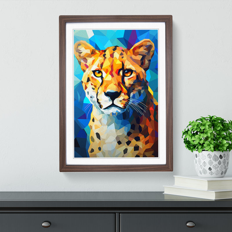 Cheetah Cubism No.2 - Single Picture Frame Print on Wood, Walnut, 34cm H x 25cm W x 2cm D