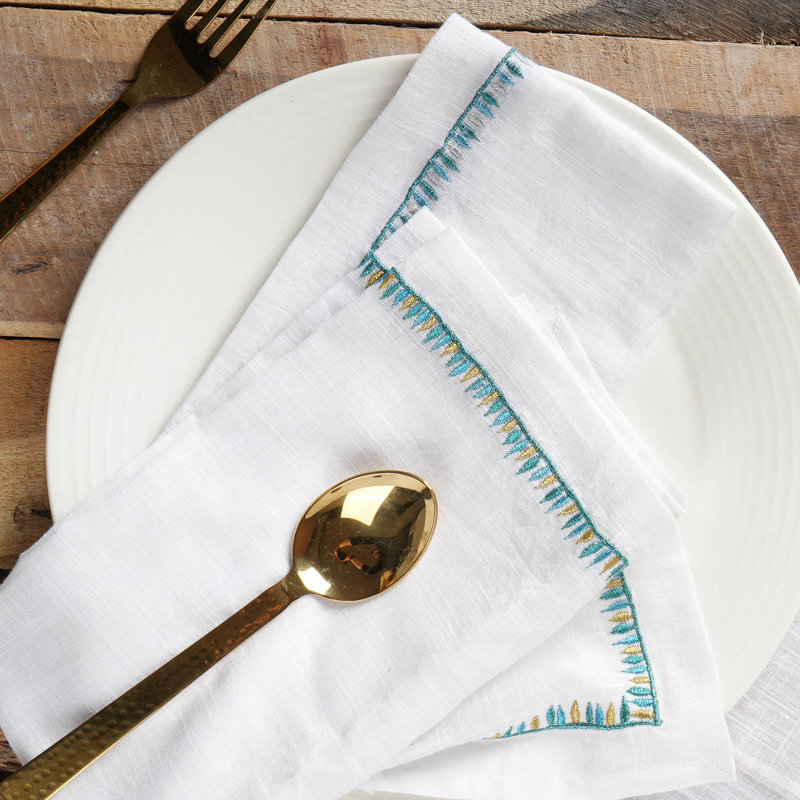 Cotton Nepkins | Vibrant Heritage Embroidered Napkin - Set of 2, White/Blue, 20"W x 20"L