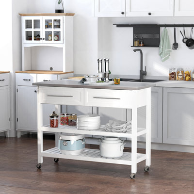 Îlot de cuisine avec plateau en acier inoxydable, tablettes ouvertes, tiroirs, gris