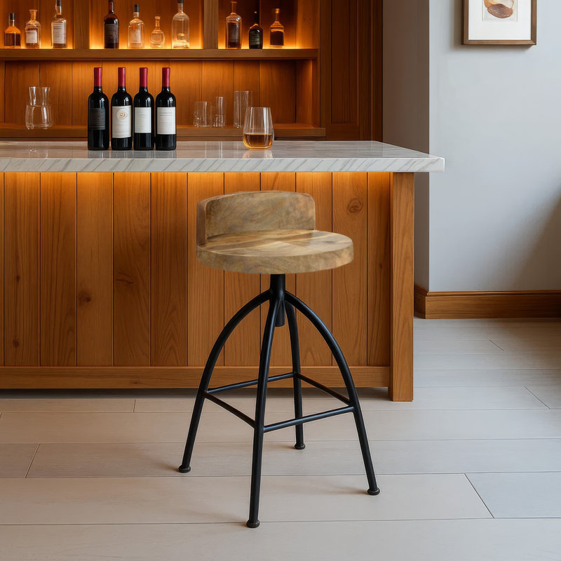 Pia 32-35 Extra Tall Adjustable Barstool, Natural Brown Mango Wood Seat, Black Iron Frame , Extra Tall (32” Seat Height)