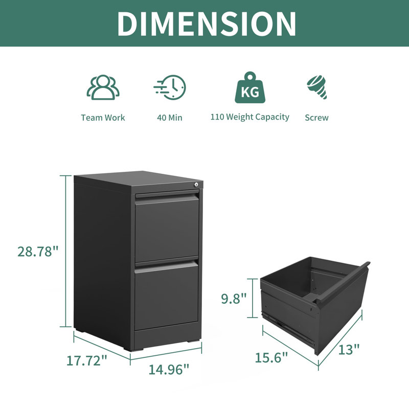 18"D 2 Drawer Metal Vertical File Storage Cabinet with Lock for Home Office A4 Letter/Legal Size, Black