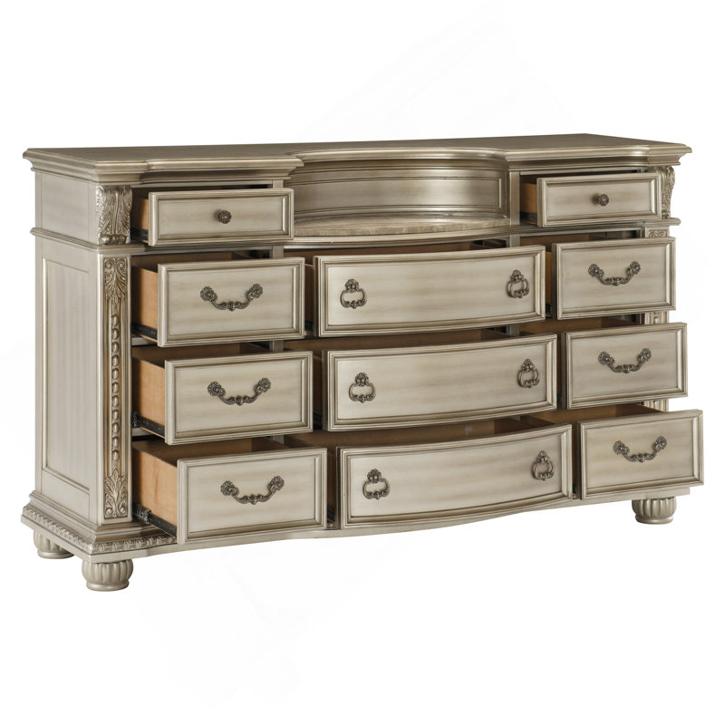 Commode de luxe 1 pièce à finition argentée avec 11 tiroirs et mobilier en marbre véritable