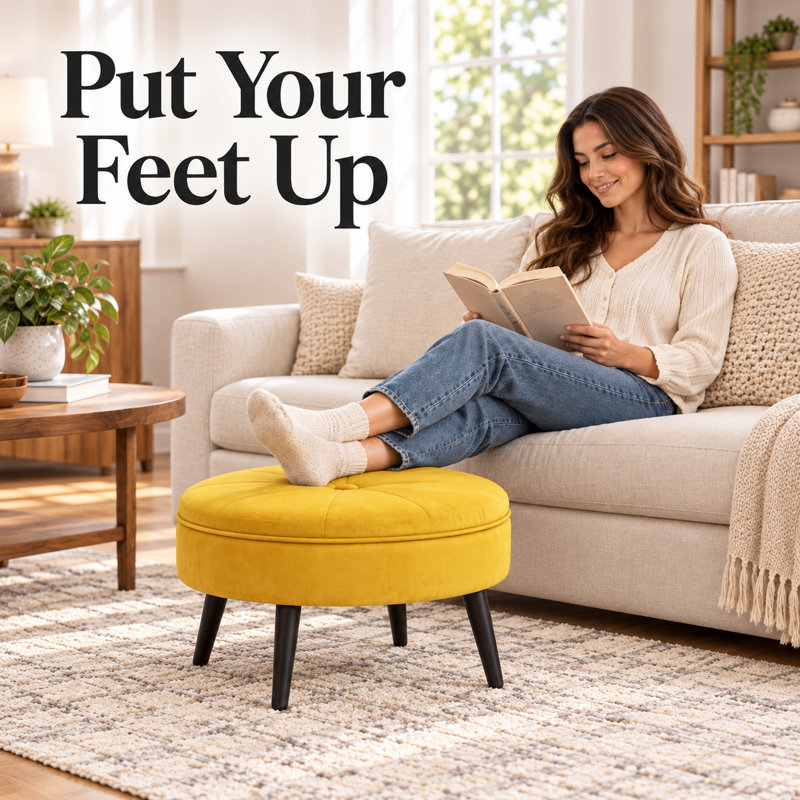 23" Round Velvet Upholstered Ottoman with Wooden Legs, Yellow Microfiber/Microsuede, Black