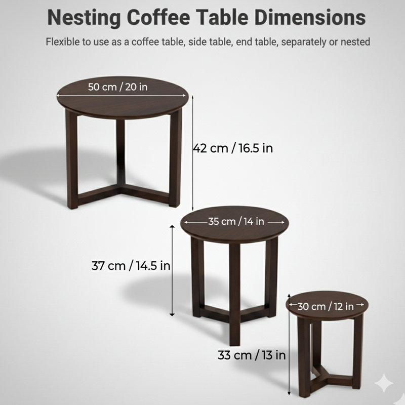 Ensemble de 3 tables gigognes en bois Avanti, tables d'appoint et de bout peu encombrantes, Avanti, Brun