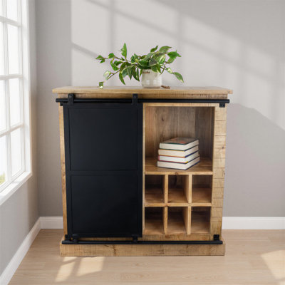 Armoire de bar industrielle en bois de manguier massif et cadre en fer avec porte coulissante