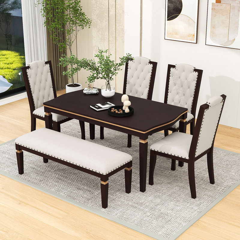 Averielle 6-Piece Kitchen Dining Table Set, Rectangular Table, 4 High-Back Tufted Chairs and 1 Bench, Espresso