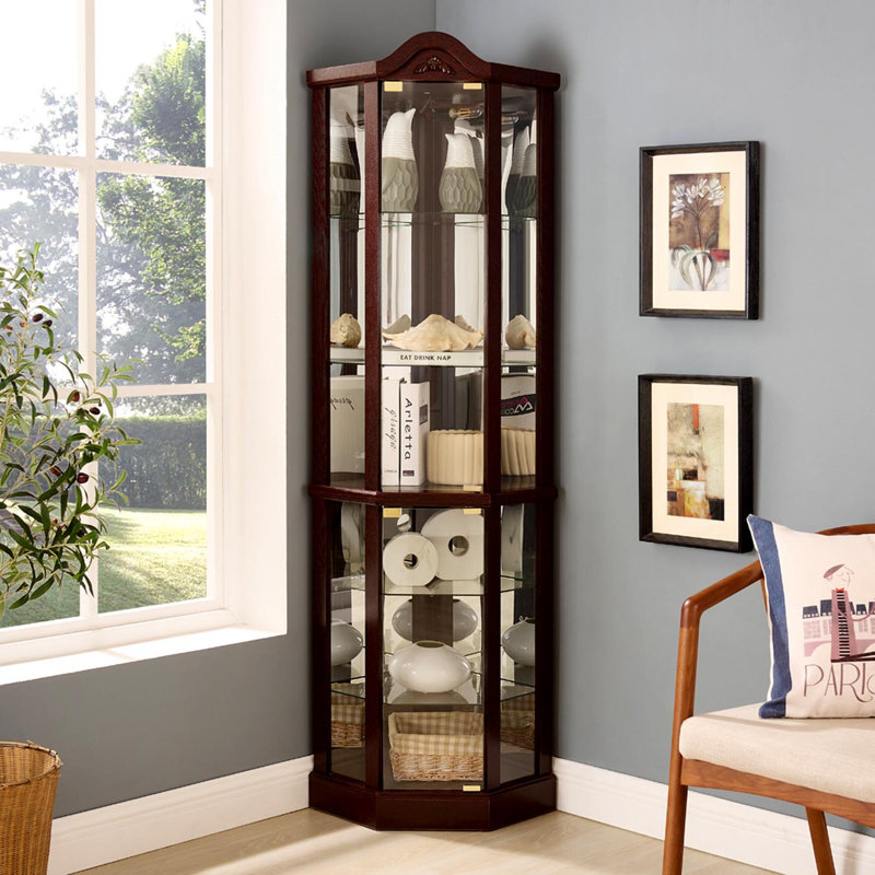 Glass Cabinet Lighted Corner Cabinet Corner Display Curio Cabinet, Glass Display With Light Bar Cabinet, Wine Cabinet With Adjustable Glass Shelves Carved Decoration DAARK CHERRY, Light(Included)