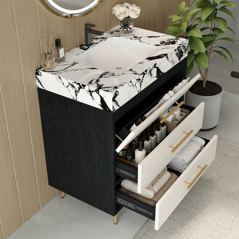 Meuble-lavabo autoportant moderne avec lavabo, Noir, blanc