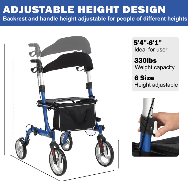 Déambulateur roulant tout terrain pour personnes âgées avec siège, déambulateur pliable en aluminium léger à hauteur réglable pour adultes