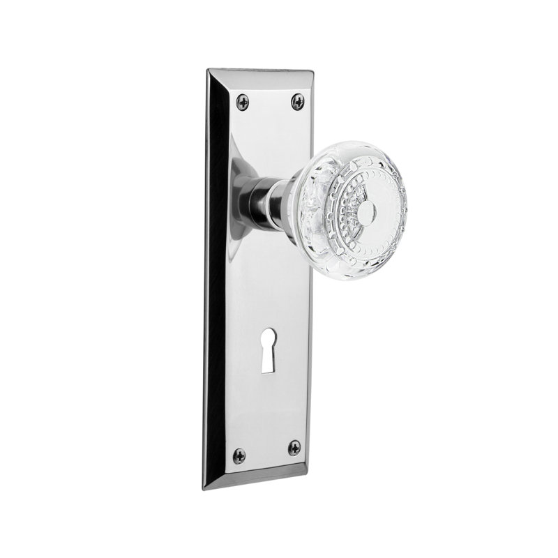 Poignée de porte mortaise intérieure crystal avec plaque longue new york Meadows, Chrome brillant