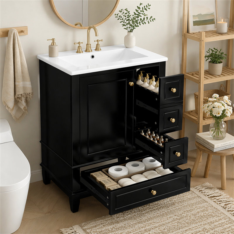 Meuble-lavabo autoportant de 24 po avec lavabo et tiroirs avec plateau en céramique et tablettes de rangement, panneau de fibres à densité moyenne et base en bois massif