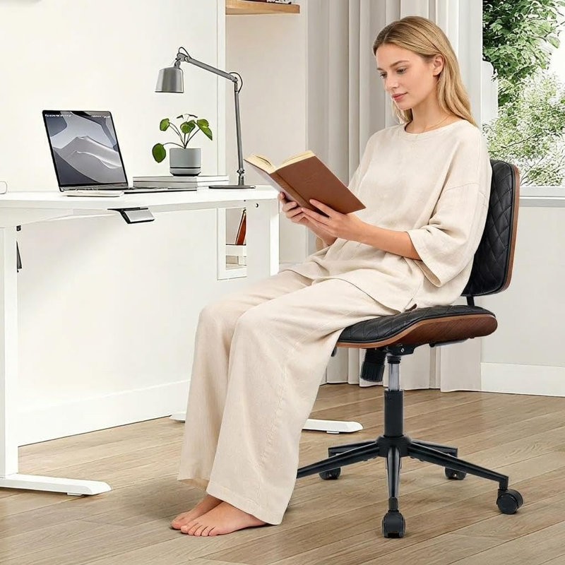 Modern Armless Home Office Chair, PU Leather Small Mid-Back Desk Chair with 4-Level Adjustable Backrest, Black