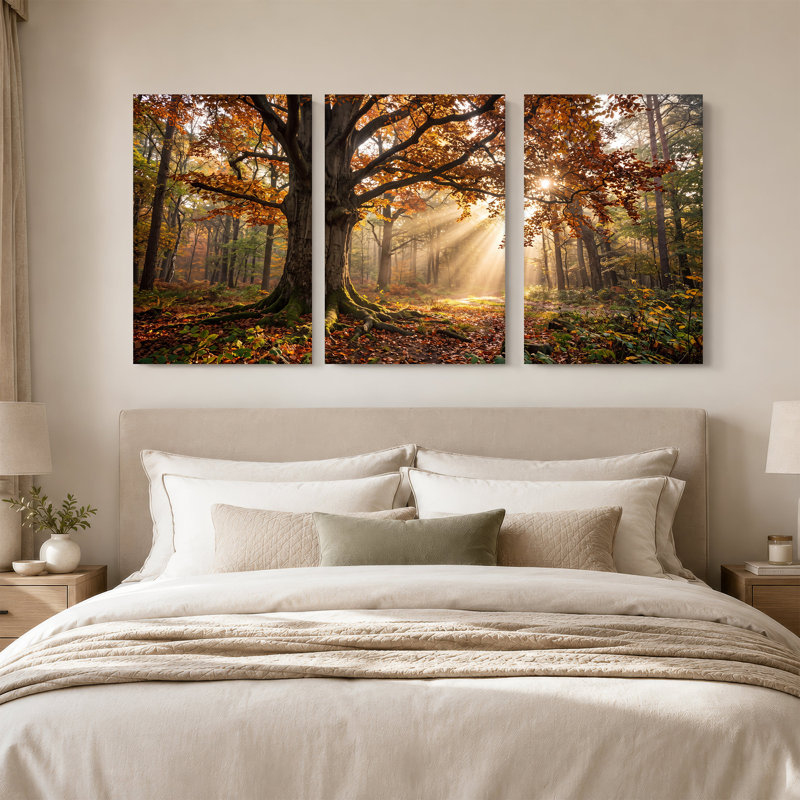 Grand arbre avec rayons de soleil dans la forêt d'automne dorée, ensemble de 3 toiles, H 30 po x l 20 po x 3 pièces